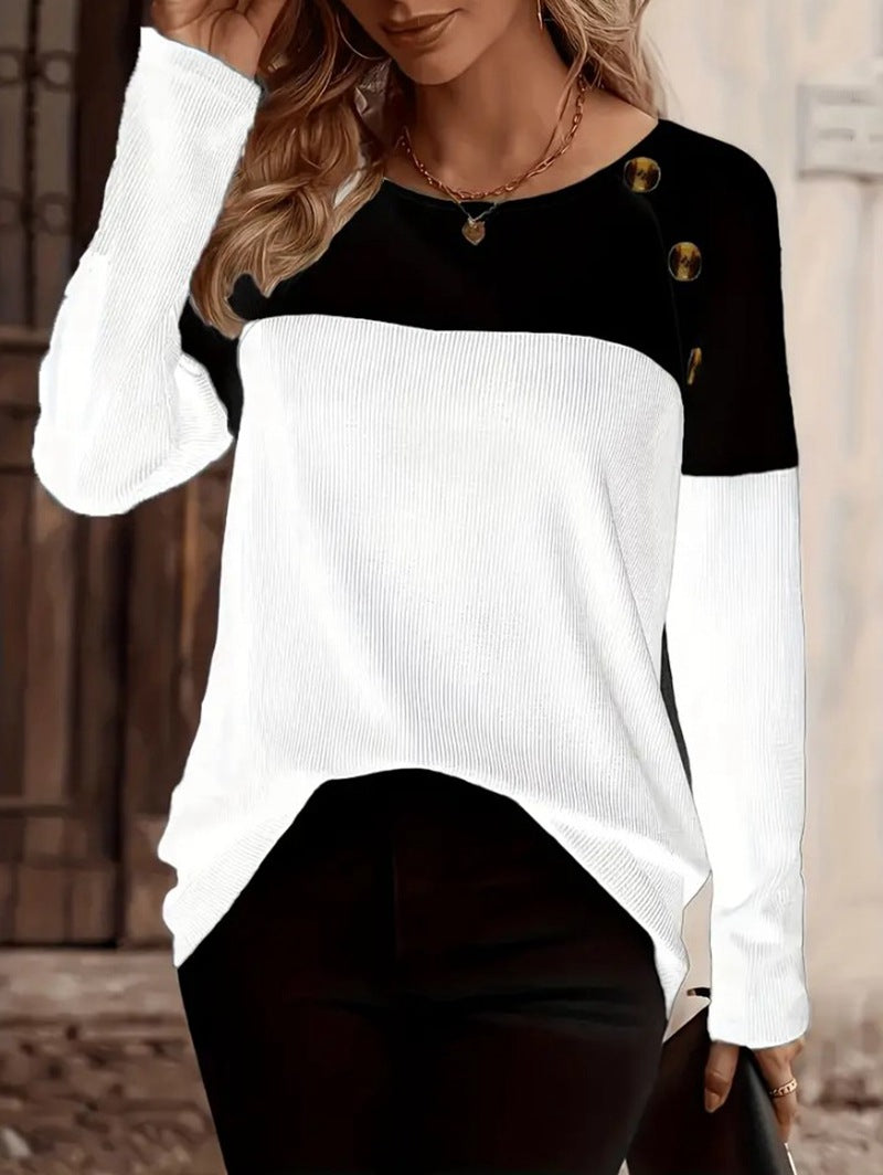 Color Block Shoulder Button Long Sleeve Loose Cotton Top