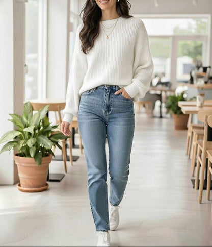 Women's Oversized Ribbed Crew Neck Pullover Sweater