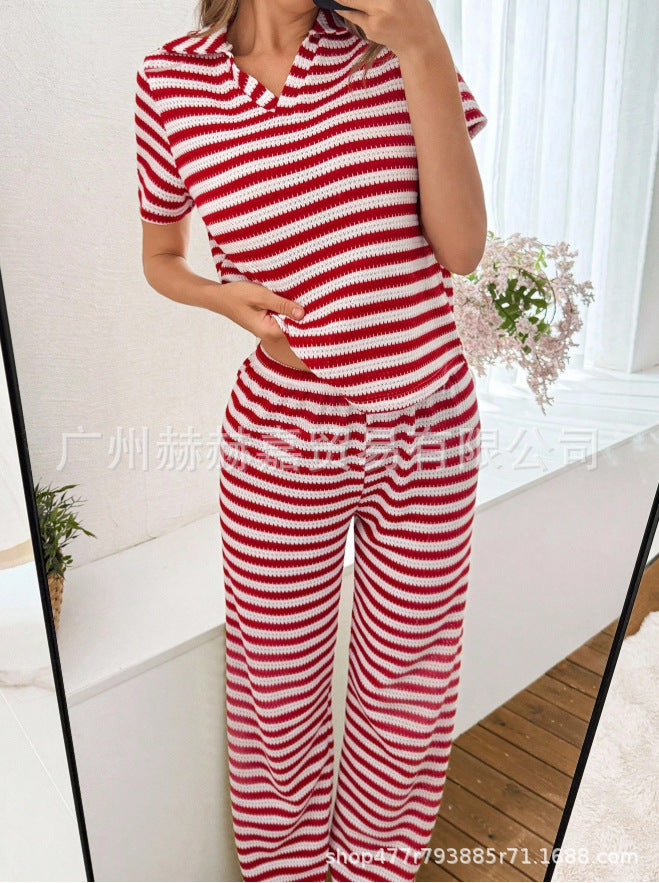 Women's Striped Knit Lounge Set V-Neck Top & Pants