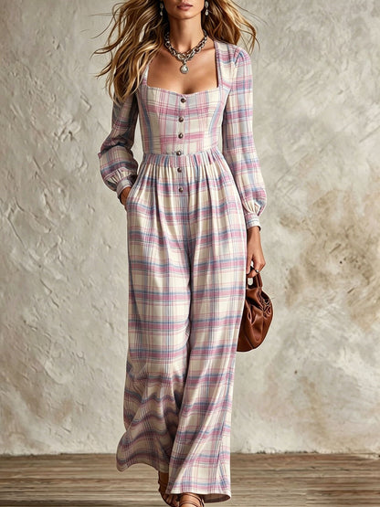 Vintage Plaid Square Neck Wide Leg Jumpsuit