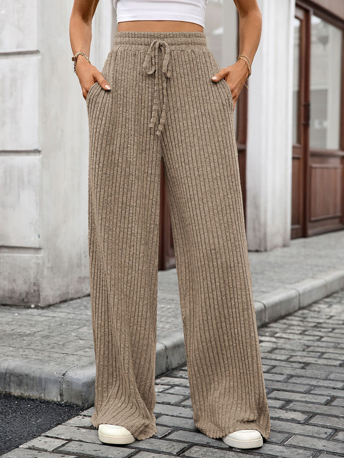 Women's Ribbed Drawstring Wide Leg Lounge Pants