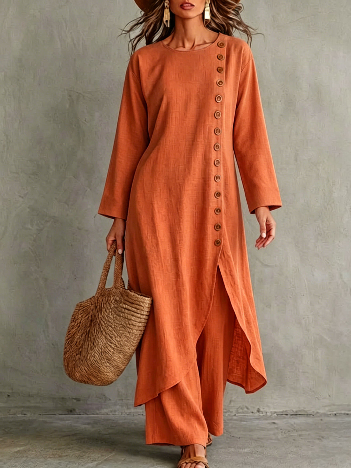 Linen Button Front Tunic Wide Leg Pants Two Piece Set