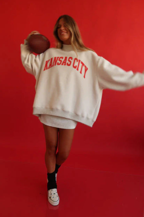 Women's Oversized Long Sleeve Mock Neck Graphic Sweatshirt