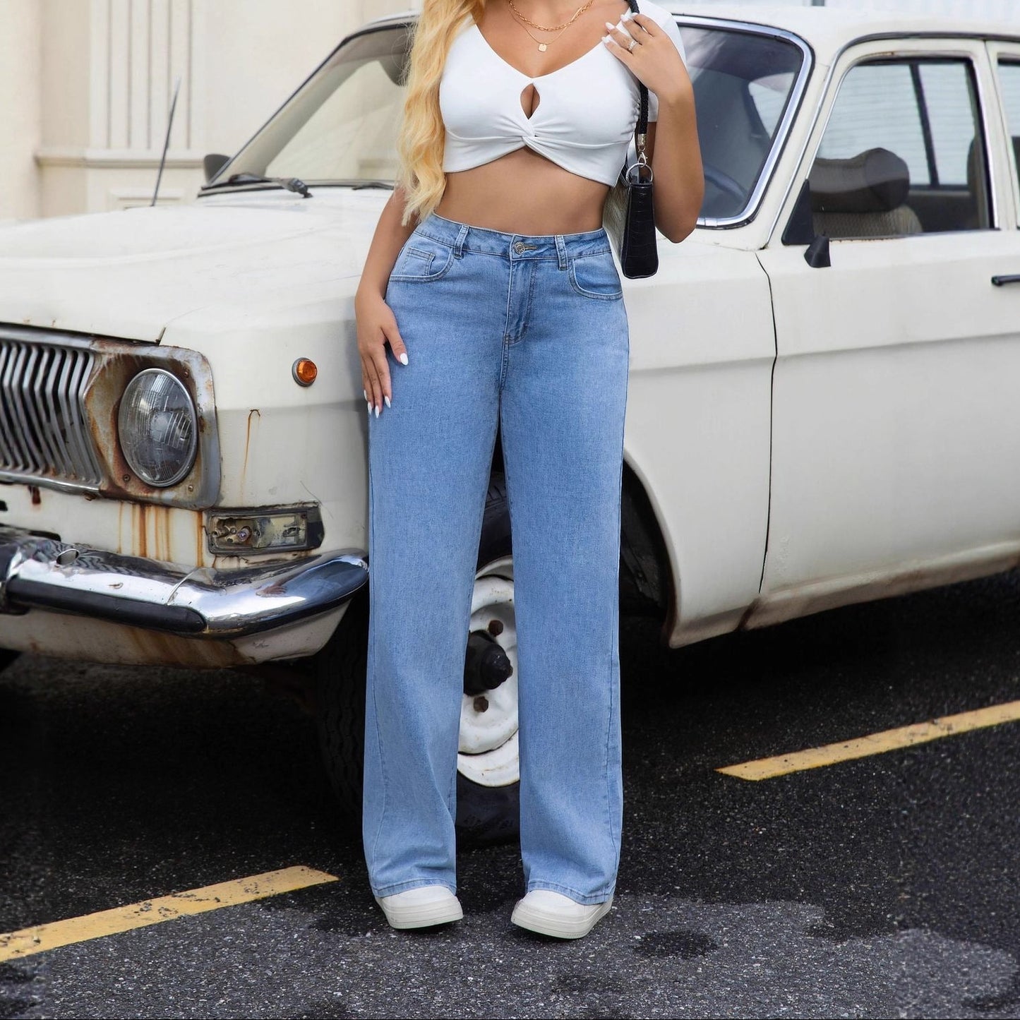 High Waist Vintage Wash Straight Leg Denim Jeans