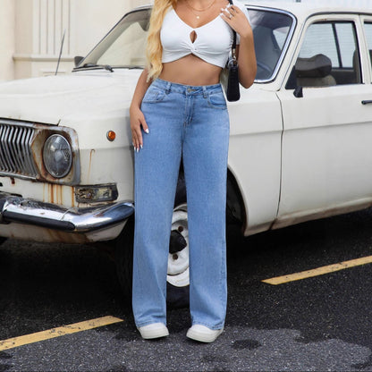High Waist Vintage Wash Straight Leg Denim Jeans