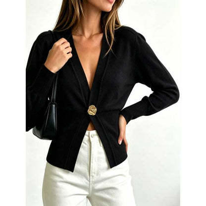 Women's Cropped V-Neck Single Button Fitted Cardigan