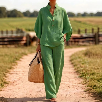 Women Linen Matching Set Button Shirt Wide Leg Pants