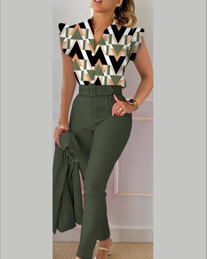 Floral Ruffle Sleeve Top & Belted Pants Two Piece Set
