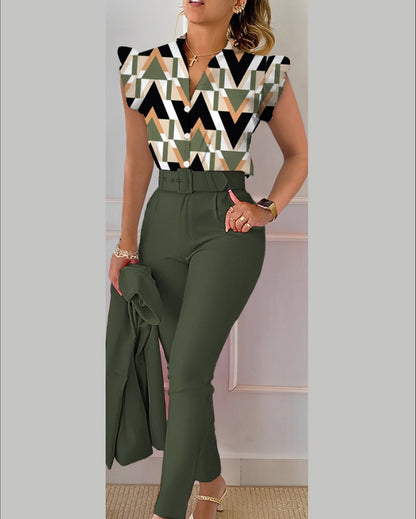 Floral Ruffle Sleeve Top & Belted Pants Two Piece Set