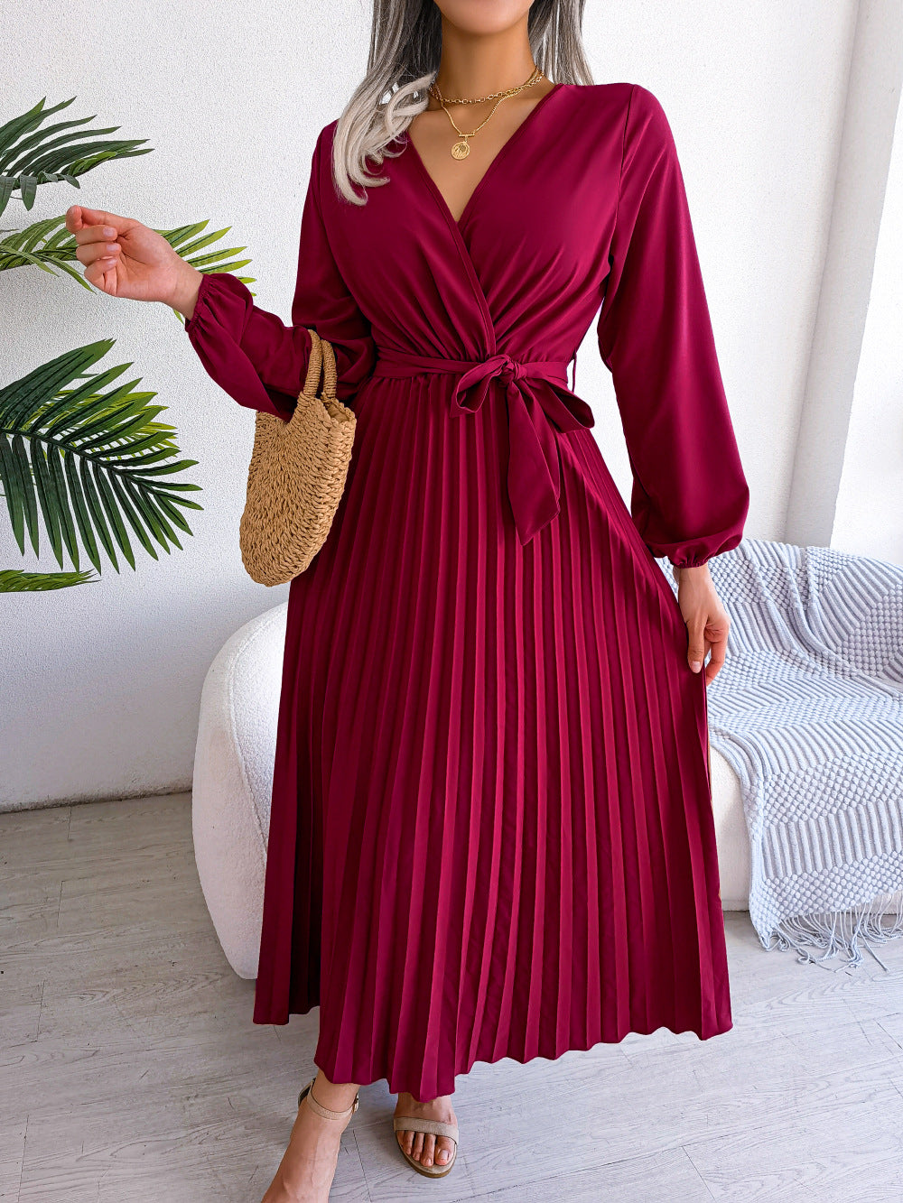 V-Neck Wrap Pleated Maxi Dress Long Sleeve Tie Waist