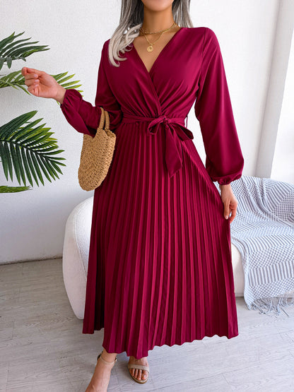 V-Neck Wrap Pleated Maxi Dress Long Sleeve Tie Waist