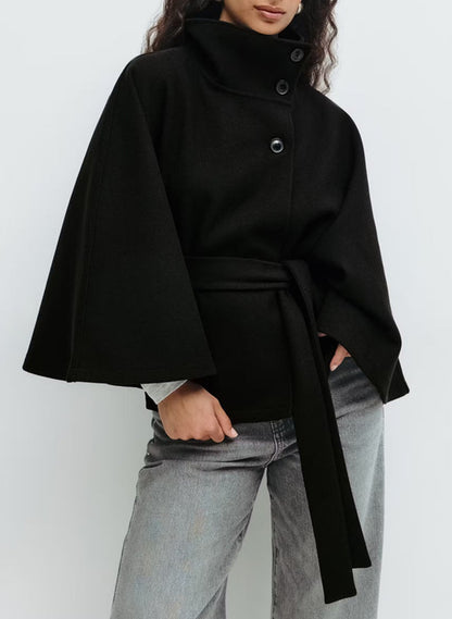Women's Belted Cape Coat Stand Collar Button Jacket