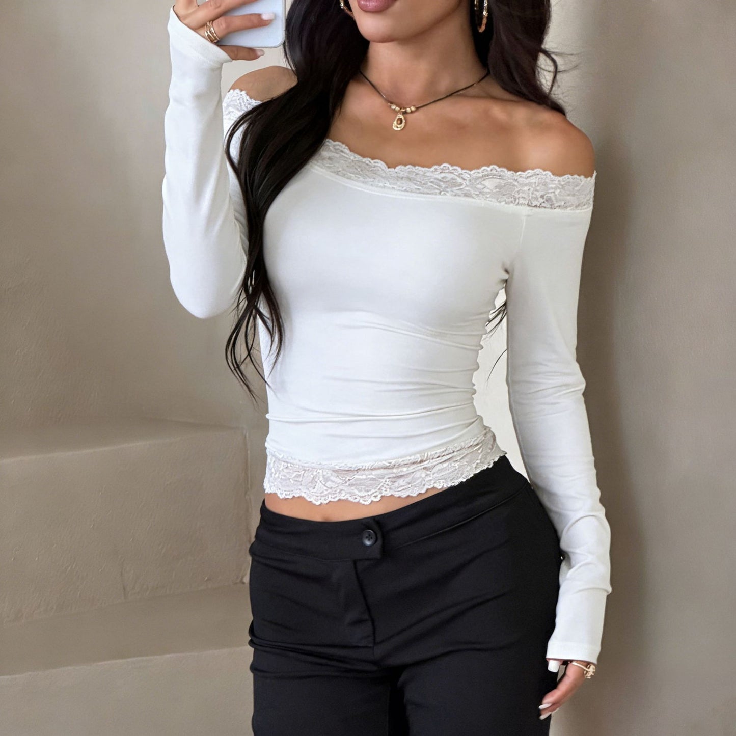 Sexy Off Shoulder Lace Crop Top Long Sleeve Fitted