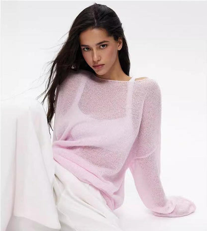 Sheer Knit Pullover Sweater Long Sleeve Loose Fit Top