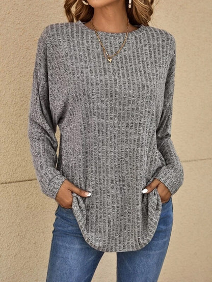 Women's Ribbed Knit Crew Neck Long Sleeve Sweater Top