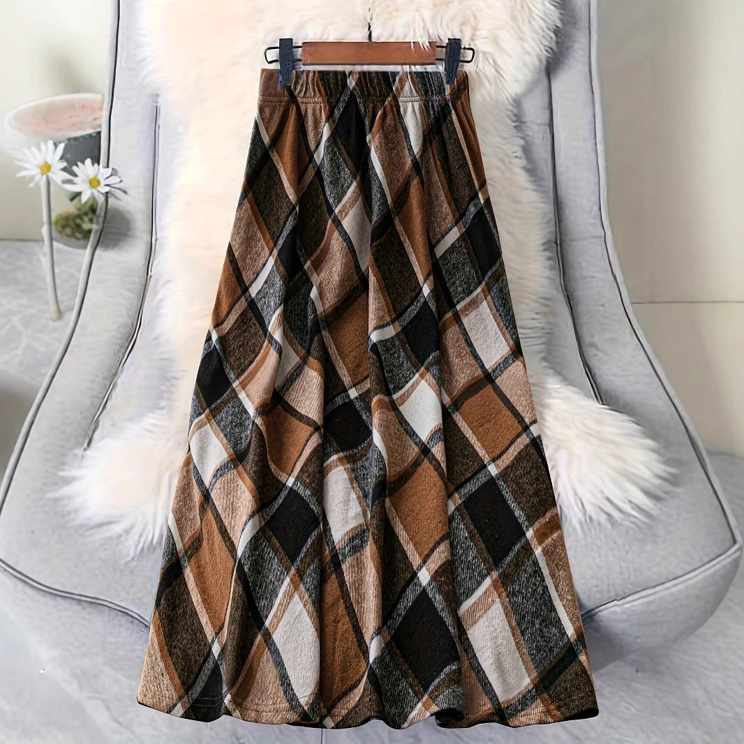 Vintage Plaid High Waist A-Line Midi Skirt Elastic Waist