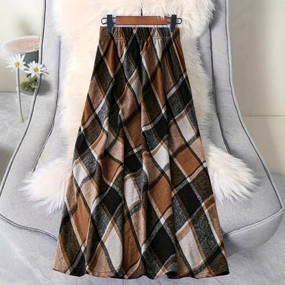 Vintage Plaid High Waist A-Line Midi Skirt Elastic Waist