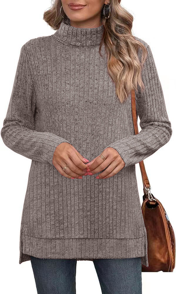 Oversized Ribbed Turtleneck Tunic Top Side Split