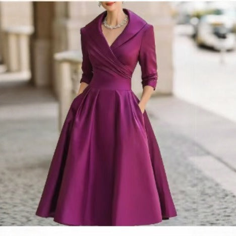Women's Vintage Fit and Flare Blazer Midi Dress Long Sleeve
