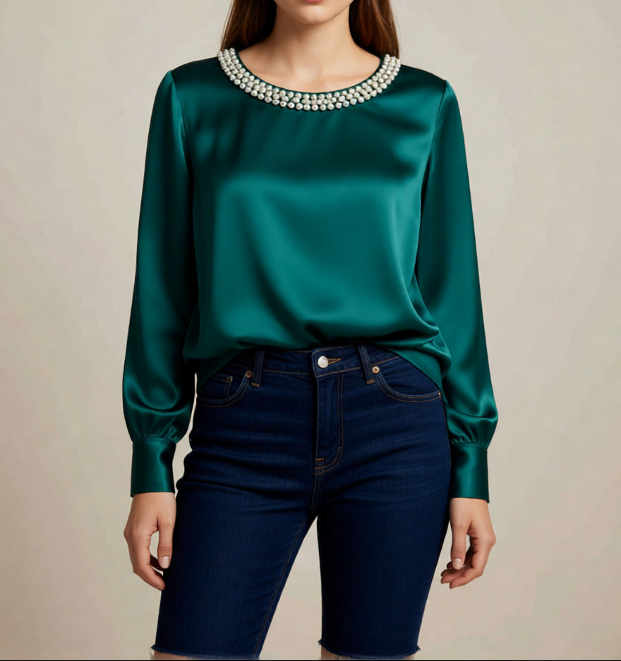 Elegant Satin Pearl Neck Blouse Long Sleeve Top