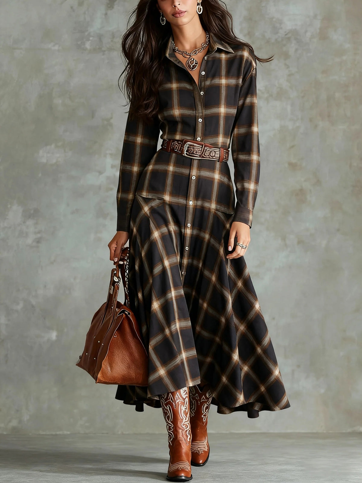 Women's Plaid Shirt Dress Long Sleeve Button Down Maxi