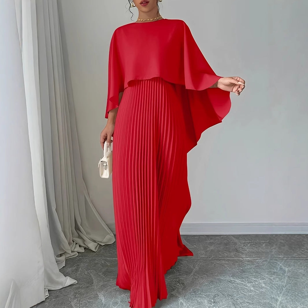Women's Pleated Cape Sleeve Asymmetric Maxi Dress