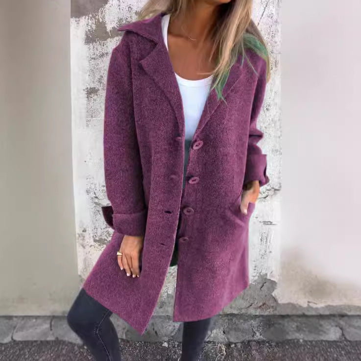Women Long Wool Coat Lapel Button Front Jacket Pockets