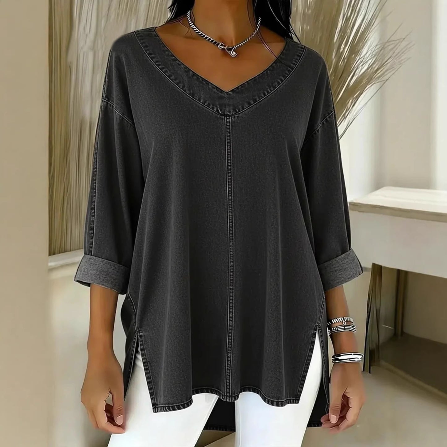 Oversized Denim V-Neck Top Casual Utility Long Sleeve Shirt