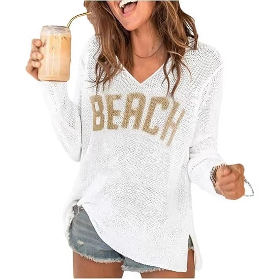 Women's V-Neck Letter Print Lightweight Knit Sweater