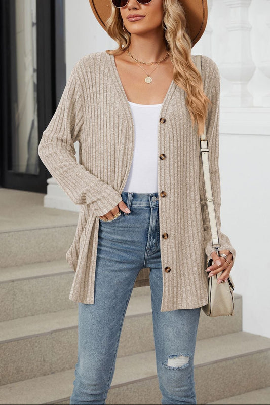 Soft Ribbed Knit Button Down Tie Front Cardigan Top