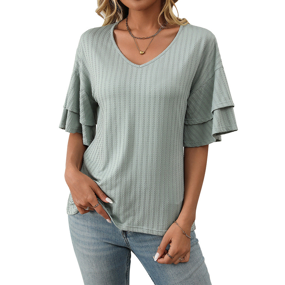 V-Neck Lotus Leaf Sleeve Women’s T-Shirt Top