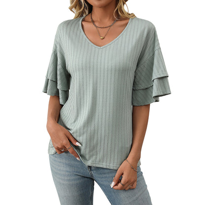 V-Neck Lotus Leaf Sleeve Women’s T-Shirt Top