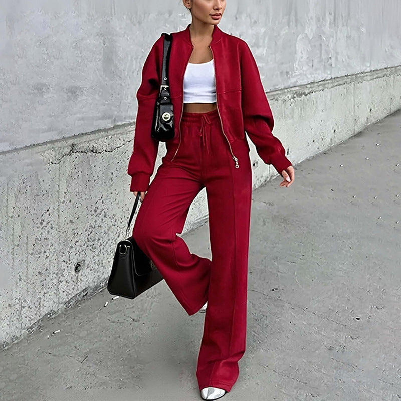 Solid Two Piece Lounge Set Zip Sweatshirt Wide Leg Pants