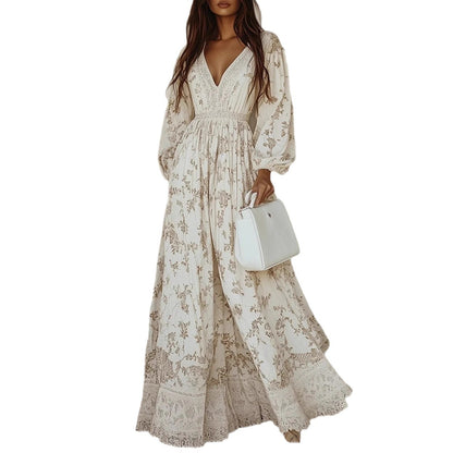 Boho Floral V-Neck Lace Balloon Sleeve Maxi Dress