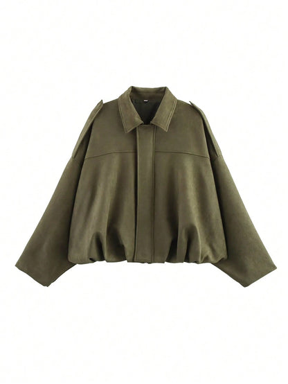 Womens Oversized Faux Suede Collared Zip Jacket