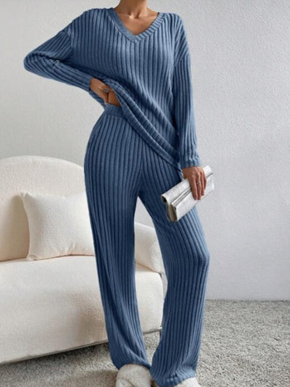 Women's Ribbed Knit V-Neck Two-Piece Lounge Set