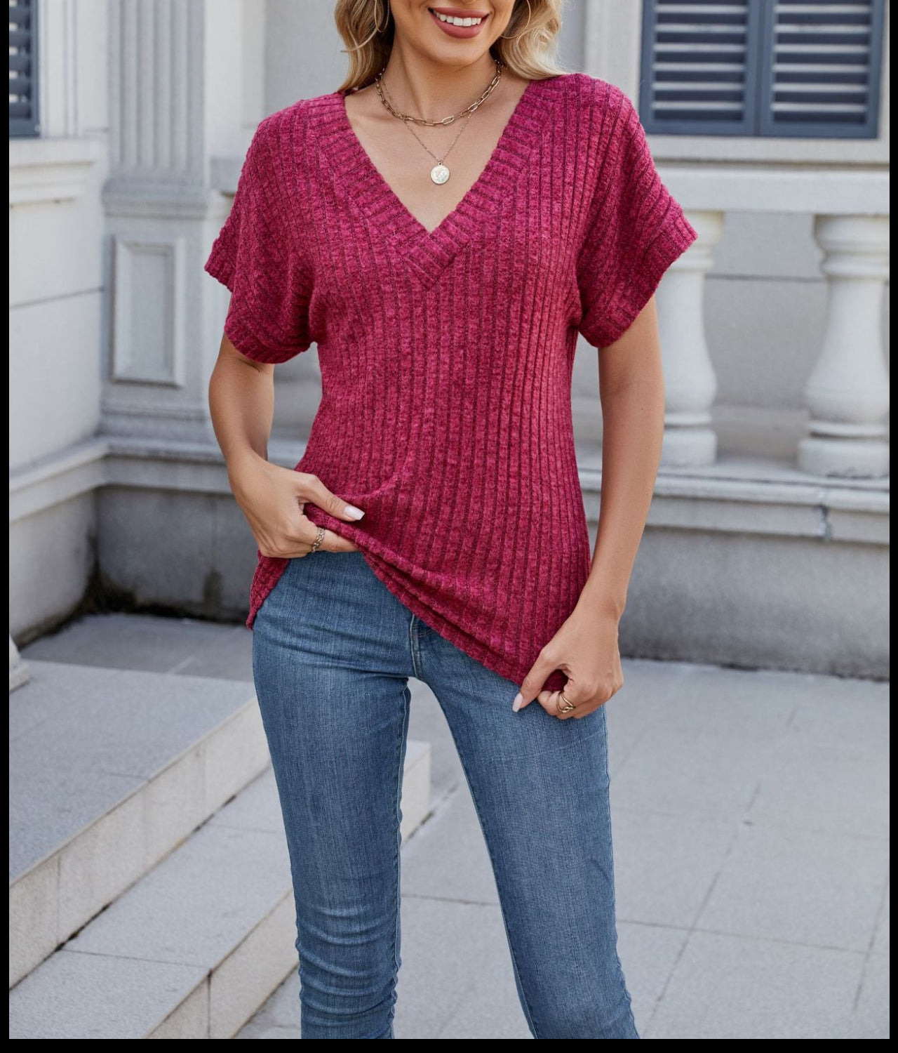 Solid Ribbed Knit Top V Neck Short Sleeve Casual Tee