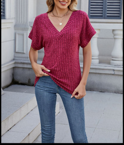 Solid Ribbed Knit Top V Neck Short Sleeve Casual Tee