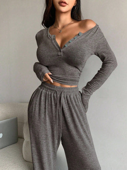 Women's Off Shoulder Button Front Knit Two Piece Pants Set