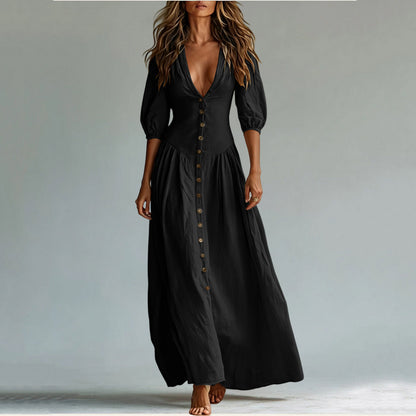Cotton Button Down Maxi Dress Puff Sleeve V Neck Summer