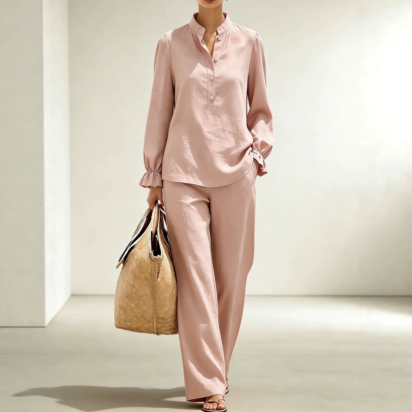 Women Puff Sleeve Blouse Wide Leg Pants Two Piece Set