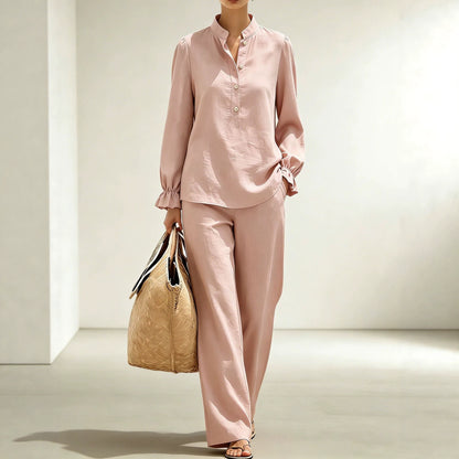 Women Puff Sleeve Blouse Wide Leg Pants Two Piece Set