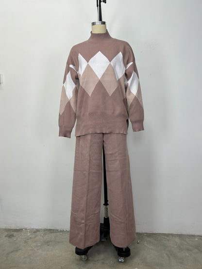 Women's Argyle Knit Sweater & Pants Two Piece Lounge Set