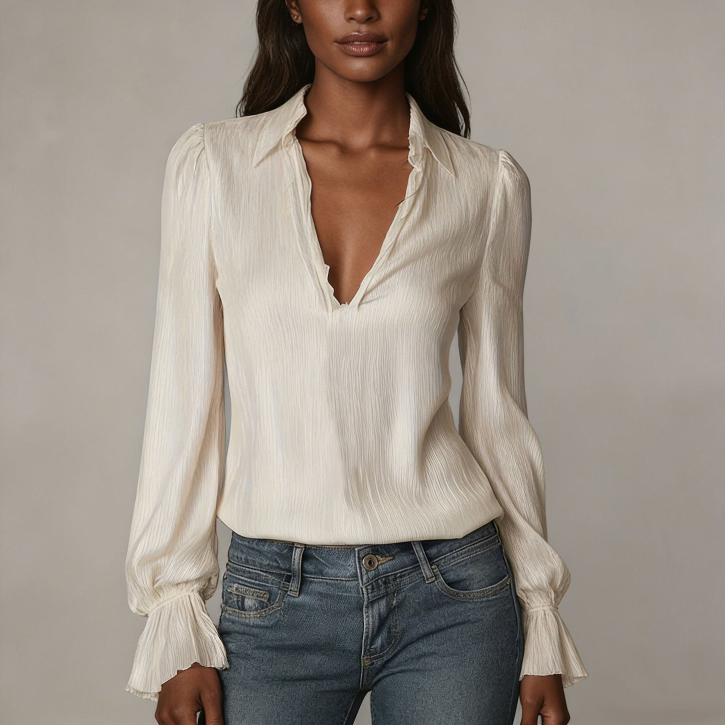Women's V-Neck Collared Puff Sleeve Blouse Top
