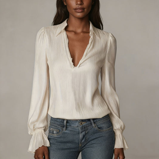 Women's V-Neck Collared Puff Sleeve Blouse Top