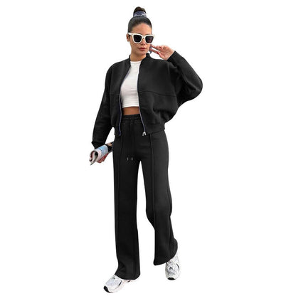 Women's Fleece Lined Zip Up Jacket Wide Leg Pants Set
