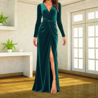 Velvet Long Sleeve Ruched Maxi Dress Deep V-Neck Slit