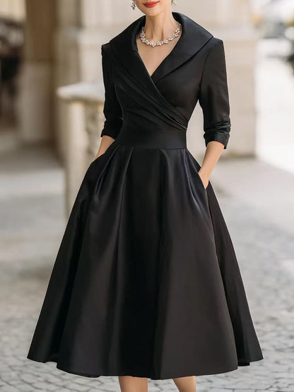Satin Wrap Dress Long Sleeve Midi A-Line Cocktail