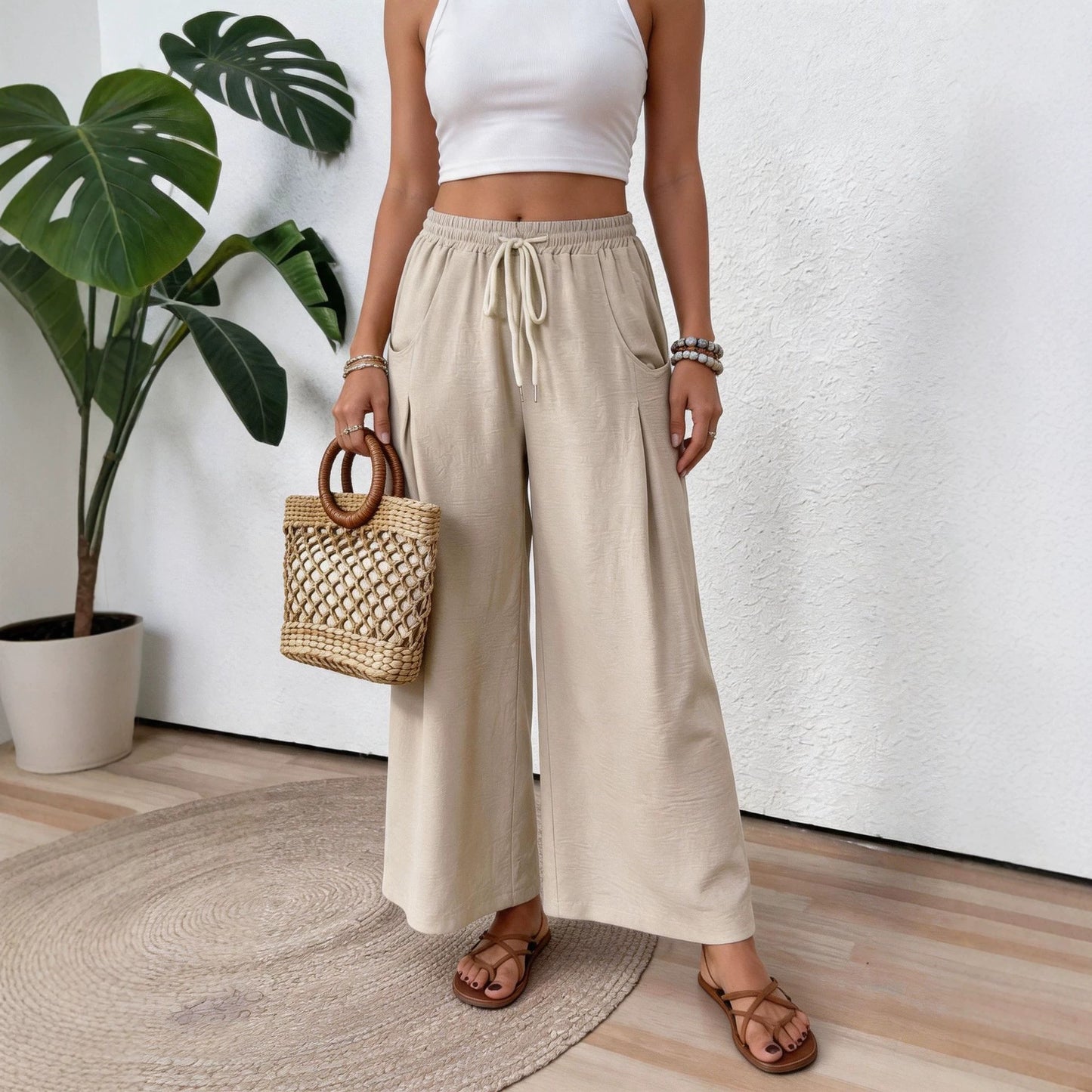 Women's High Waist Wide Leg Drawstring Pants with Pockets