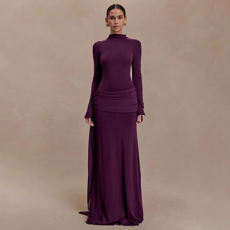 Elegant Mock Neck Long Sleeve Ruched Sash Maxi Dress